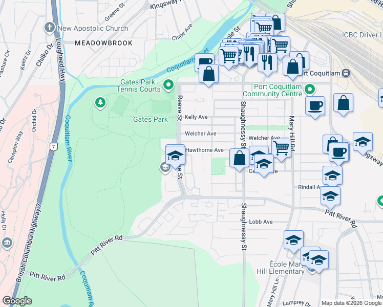 map of restaurants, bars, coffee shops, grocery stores, and more near 2450 Hawthorne Avenue in Port Coquitlam