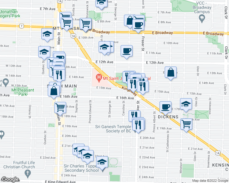 map of restaurants, bars, coffee shops, grocery stores, and more near in Vancouver