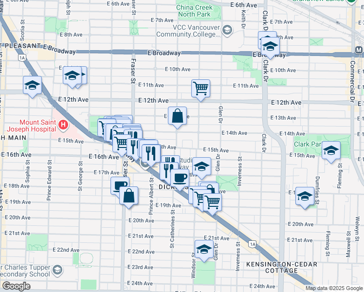 map of restaurants, bars, coffee shops, grocery stores, and more near 914 East 15th Avenue in Vancouver