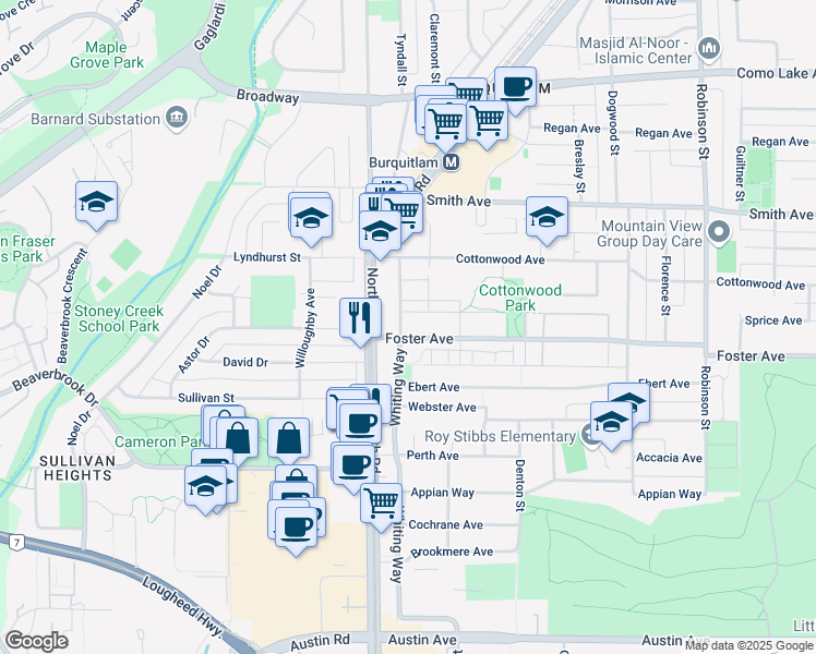 map of restaurants, bars, coffee shops, grocery stores, and more near 657 Whiting Way in Coquitlam