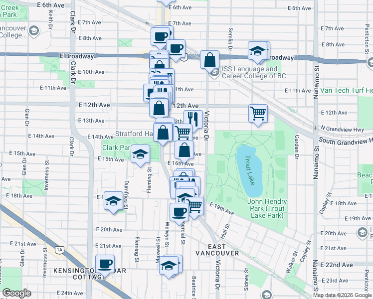map of restaurants, bars, coffee shops, grocery stores, and more near in Vancouver