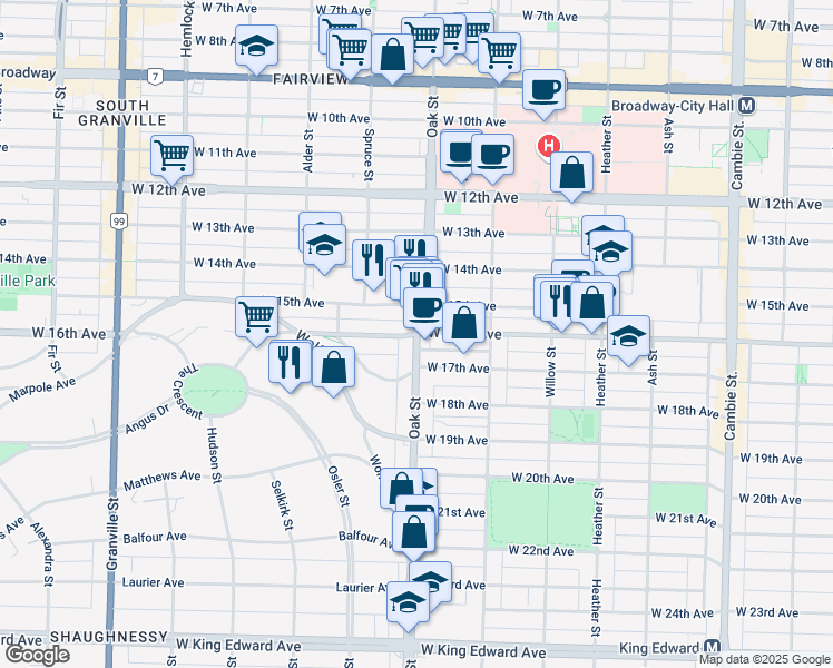 map of restaurants, bars, coffee shops, grocery stores, and more near Oak St & W 16th Ave in Vancouver