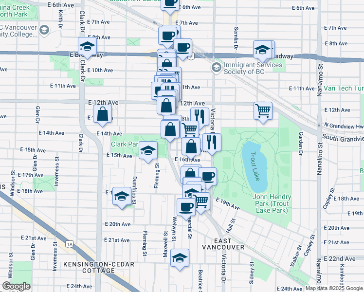 map of restaurants, bars, coffee shops, grocery stores, and more near 1741 East 15th Avenue in Vancouver
