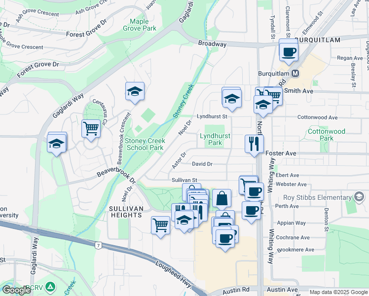 map of restaurants, bars, coffee shops, grocery stores, and more near 3007 Astor Drive in Burnaby