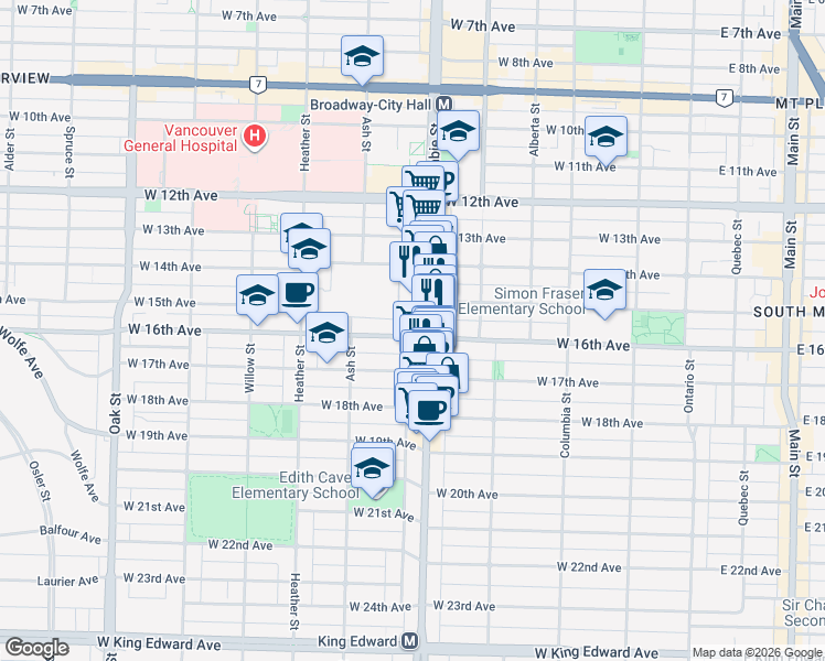 map of restaurants, bars, coffee shops, grocery stores, and more near 503 West 16th Avenue in Vancouver