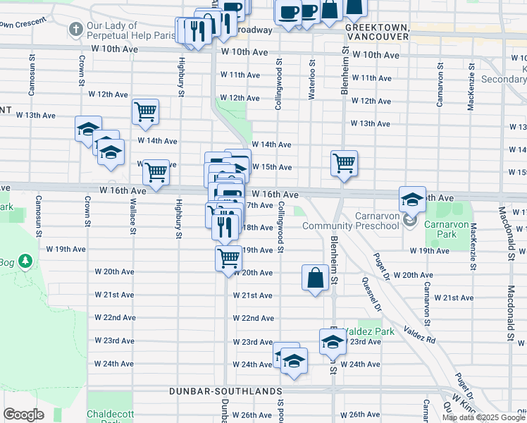 map of restaurants, bars, coffee shops, grocery stores, and more near 3534 West 17th Avenue in Vancouver