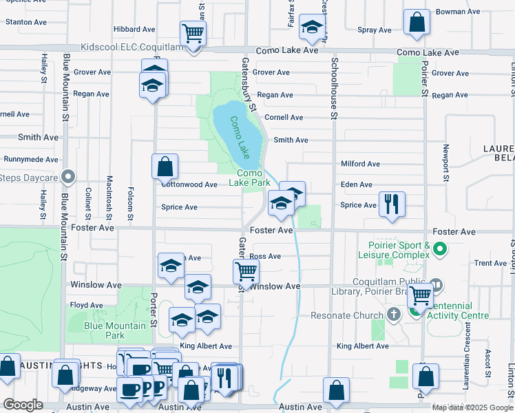 map of restaurants, bars, coffee shops, grocery stores, and more near 660 Gatensbury Street in Coquitlam