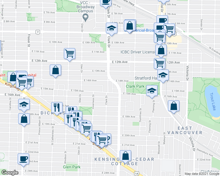 map of restaurants, bars, coffee shops, grocery stores, and more near in Vancouver