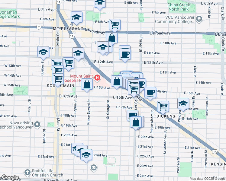 map of restaurants, bars, coffee shops, grocery stores, and more near in Vancouver