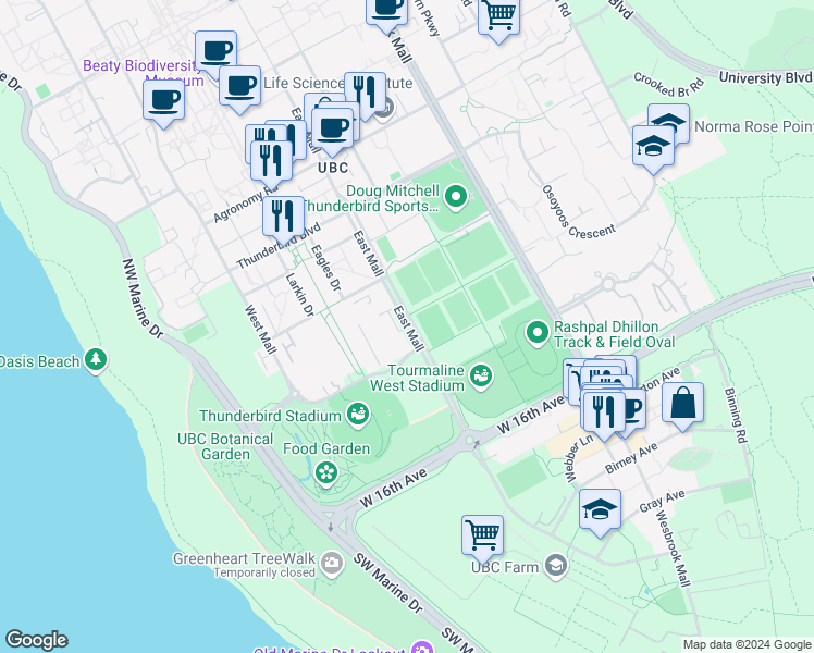 map of restaurants, bars, coffee shops, grocery stores, and more near 3050 East Mall in Vancouver