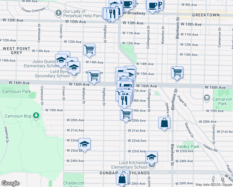 map of restaurants, bars, coffee shops, grocery stores, and more near 3668 West 17th Avenue in Vancouver