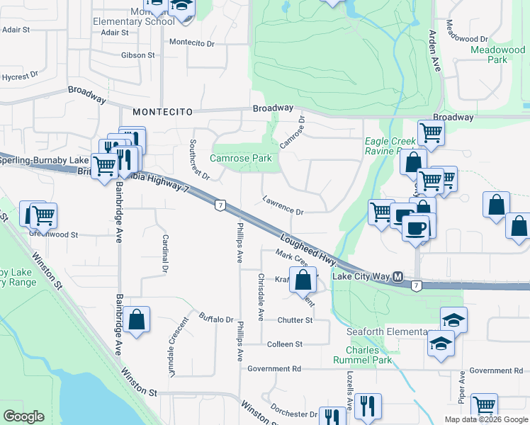 map of restaurants, bars, coffee shops, grocery stores, and more near 7438 Kyle Street in Burnaby