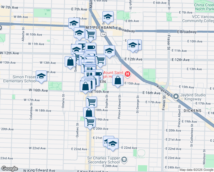 map of restaurants, bars, coffee shops, grocery stores, and more near 3130 Sophia Street in Vancouver