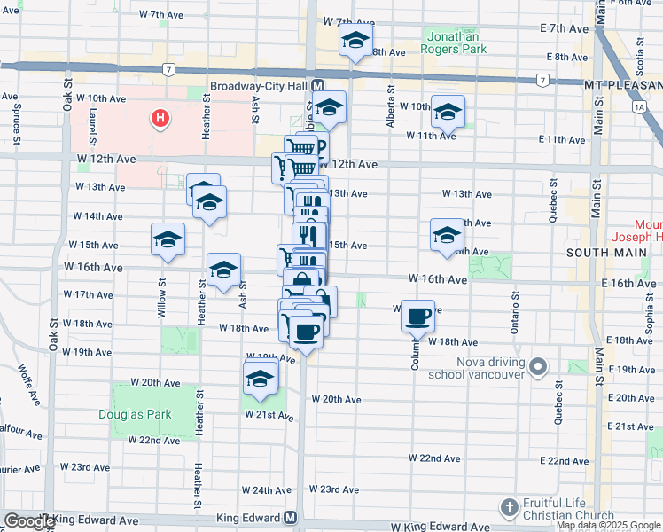 map of restaurants, bars, coffee shops, grocery stores, and more near 439 West 16th Avenue in Vancouver