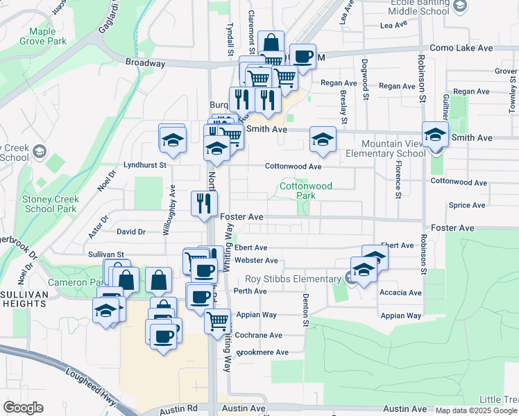 map of restaurants, bars, coffee shops, grocery stores, and more near 525 Foster Avenue in Coquitlam