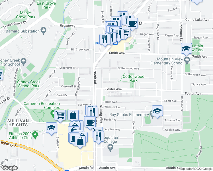 map of restaurants, bars, coffee shops, grocery stores, and more near in Coquitlam