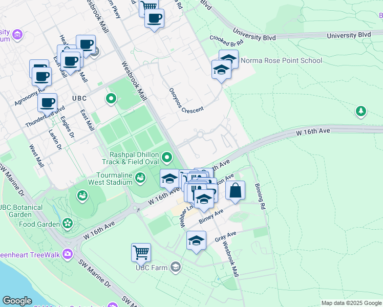 map of restaurants, bars, coffee shops, grocery stores, and more near 5880 Hampton Place in University Endowment Lands
