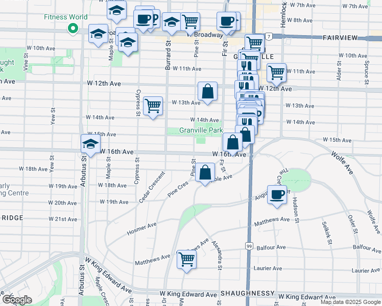 map of restaurants, bars, coffee shops, grocery stores, and more near 3119 Pine Street in Vancouver