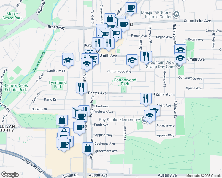 map of restaurants, bars, coffee shops, grocery stores, and more near 545 Foster Avenue in Coquitlam