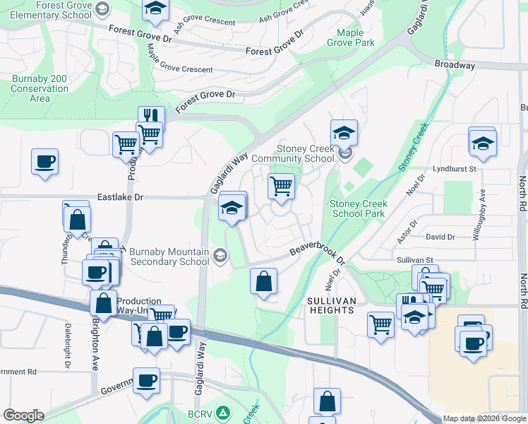 map of restaurants, bars, coffee shops, grocery stores, and more near 3004 Vega Court in Burnaby