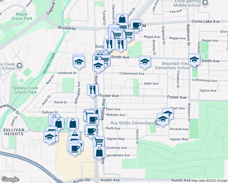 map of restaurants, bars, coffee shops, grocery stores, and more near 525 Foster Avenue in Coquitlam