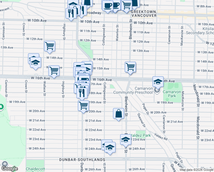 map of restaurants, bars, coffee shops, grocery stores, and more near 3338 Collingwood Street in Vancouver