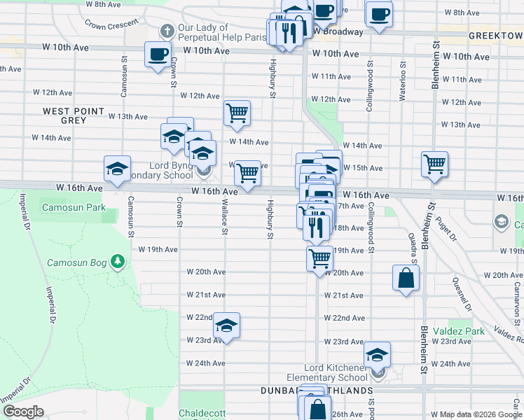map of restaurants, bars, coffee shops, grocery stores, and more near 3814 West 17th Avenue in Vancouver