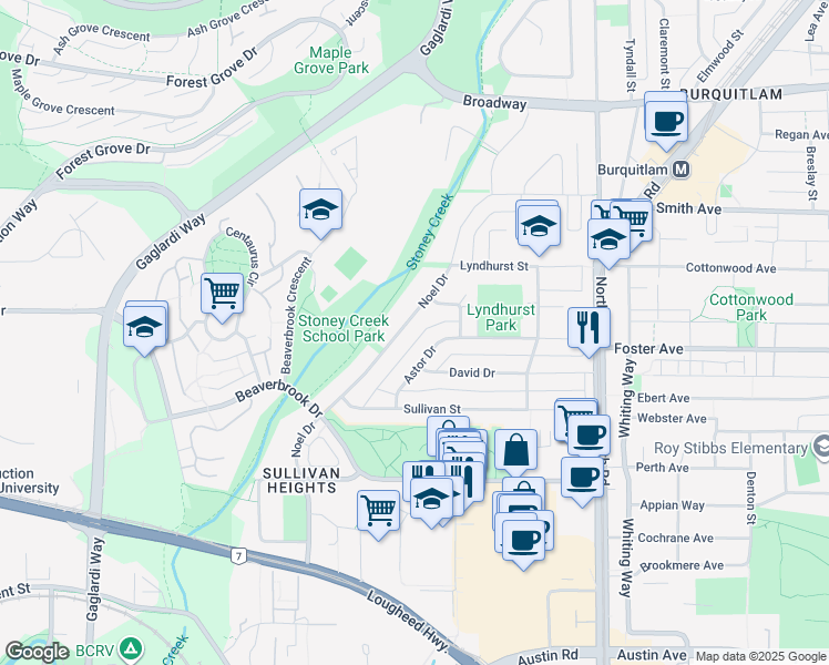 map of restaurants, bars, coffee shops, grocery stores, and more near 3007 Astor Drive in Burnaby