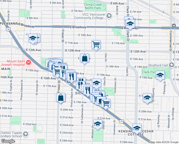 map of restaurants, bars, coffee shops, grocery stores, and more near 957 East 15th Avenue in Vancouver