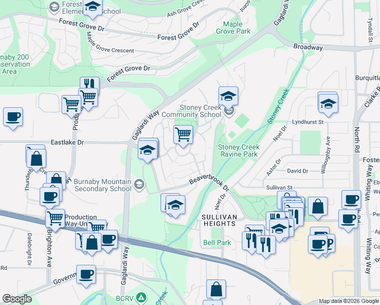 map of restaurants, bars, coffee shops, grocery stores, and more near 9044 Centaurus Circle in Burnaby