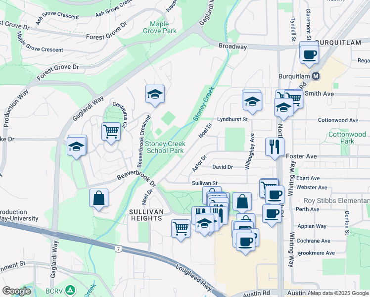 map of restaurants, bars, coffee shops, grocery stores, and more near 2991 Noel Drive in Burnaby