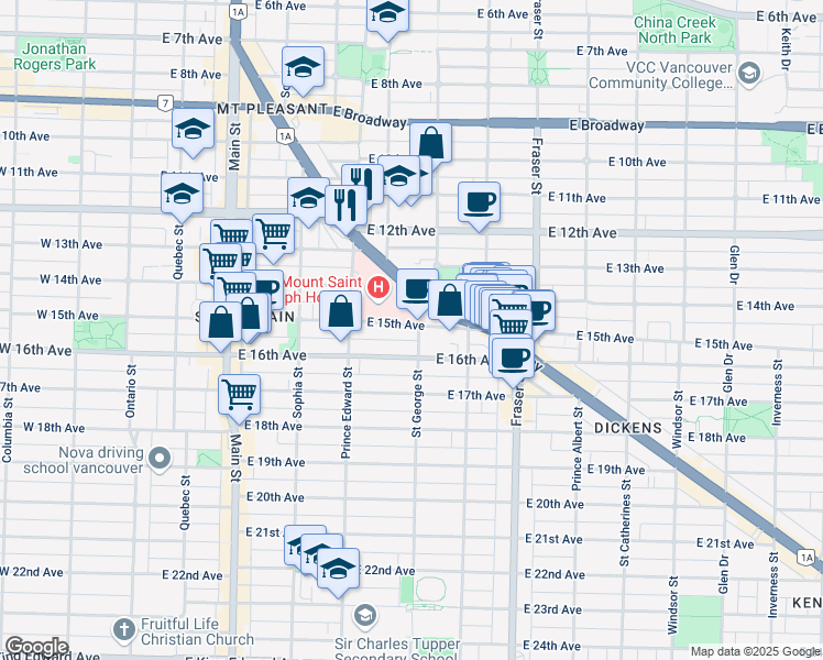 map of restaurants, bars, coffee shops, grocery stores, and more near 3103 Saint George Street in Vancouver