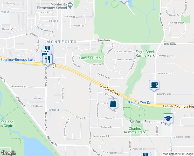 map of restaurants, bars, coffee shops, grocery stores, and more near 7438 Kyle Street in Burnaby