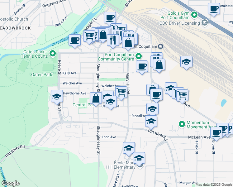 map of restaurants, bars, coffee shops, grocery stores, and more near 2235 Hawthorne Avenue in Port Coquitlam