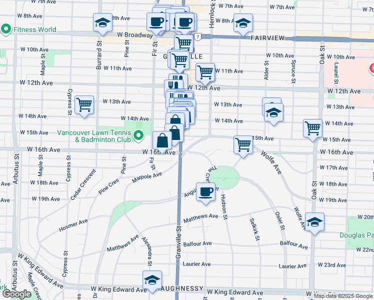 map of restaurants, bars, coffee shops, grocery stores, and more near 1466 McRae Avenue in Vancouver