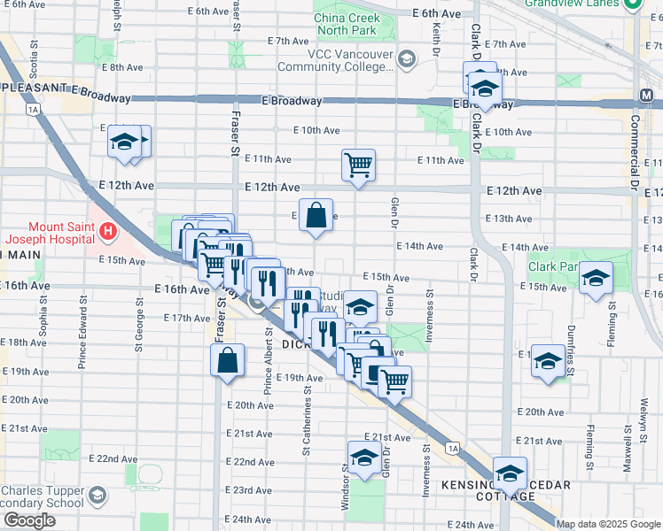 map of restaurants, bars, coffee shops, grocery stores, and more near 951 East 15th Avenue in Vancouver