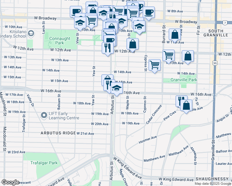 map of restaurants, bars, coffee shops, grocery stores, and more near 3212 East Boulevard in Vancouver