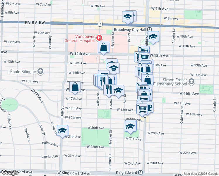 map of restaurants, bars, coffee shops, grocery stores, and more near 3151 Heather Street in Vancouver