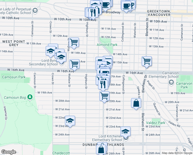 map of restaurants, bars, coffee shops, grocery stores, and more near 3664 West 17th Avenue in Vancouver