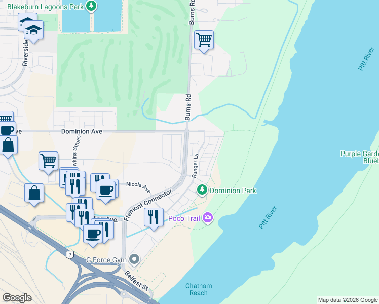 map of restaurants, bars, coffee shops, grocery stores, and more near 2371 Ranger Lane in Port Coquitlam