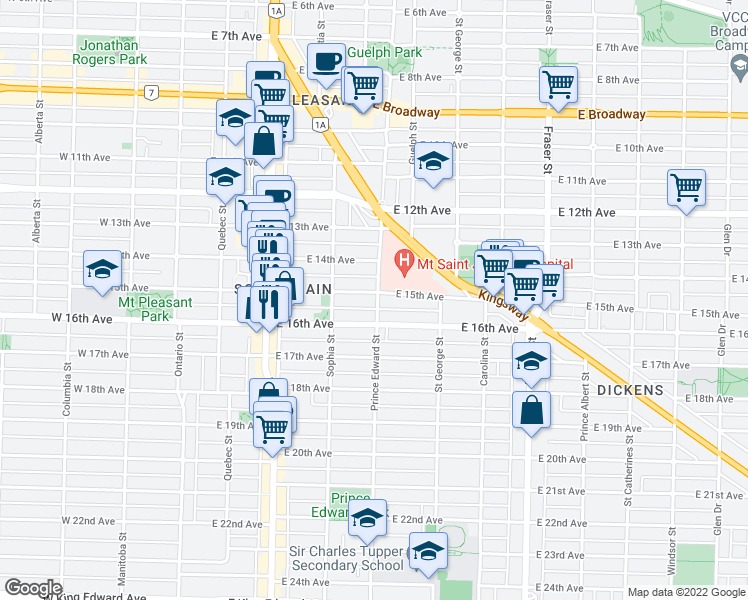 map of restaurants, bars, coffee shops, grocery stores, and more near 396 East 15th Avenue in Vancouver