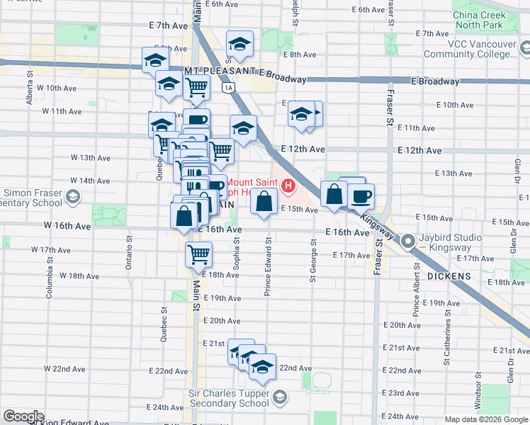 map of restaurants, bars, coffee shops, grocery stores, and more near 396 East 15th Avenue in Vancouver
