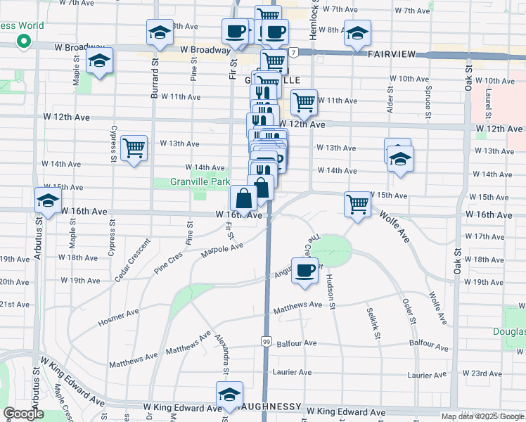 map of restaurants, bars, coffee shops, grocery stores, and more near in Vancouver