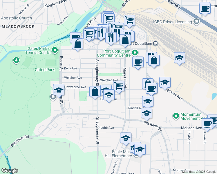 map of restaurants, bars, coffee shops, grocery stores, and more near 2257 Hawthorne Avenue in Port Coquitlam