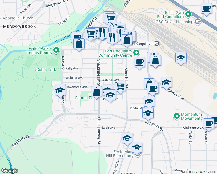 map of restaurants, bars, coffee shops, grocery stores, and more near 2261 Hawthorne Avenue in Port Coquitlam
