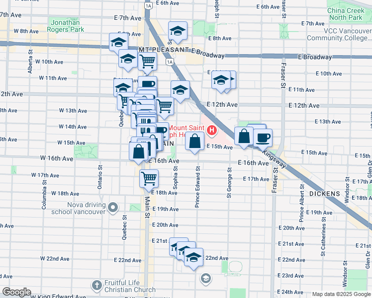 map of restaurants, bars, coffee shops, grocery stores, and more near 338 East 15th Avenue in Vancouver
