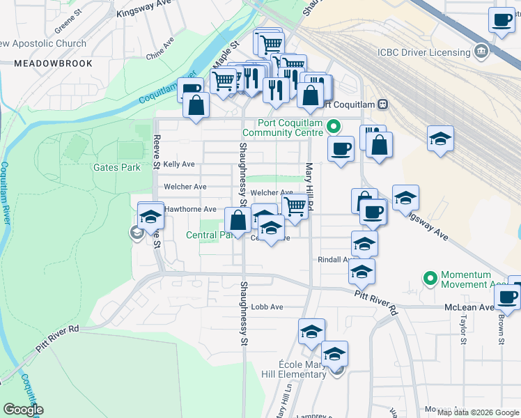 map of restaurants, bars, coffee shops, grocery stores, and more near 2277 Hawthorne Avenue in Port Coquitlam