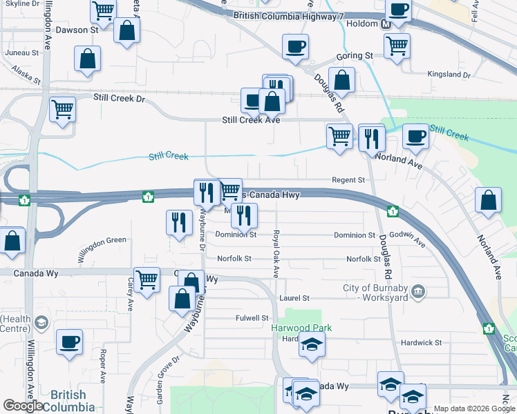 map of restaurants, bars, coffee shops, grocery stores, and more near 5131 Manor Street in Burnaby