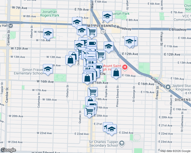 map of restaurants, bars, coffee shops, grocery stores, and more near in Vancouver