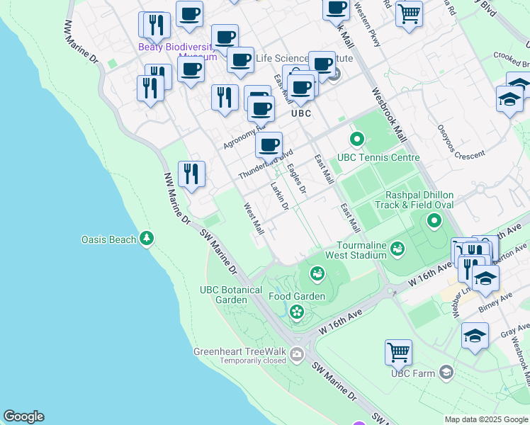 map of restaurants, bars, coffee shops, grocery stores, and more near 6375 Larkin Drive in Vancouver